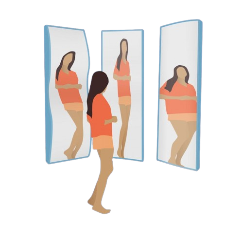 Fun house mirrors distorting a figure